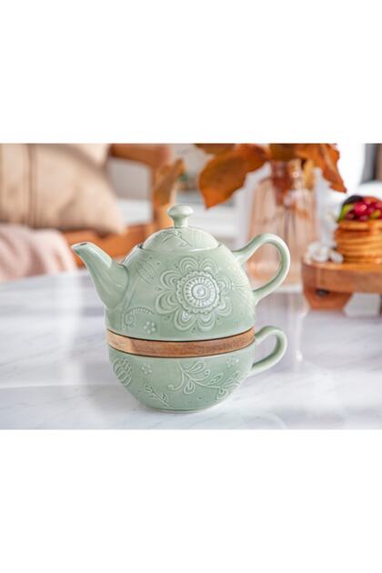 Floral Poem Stoneware Demlık Seti 350 ml 250 ml Yeşil