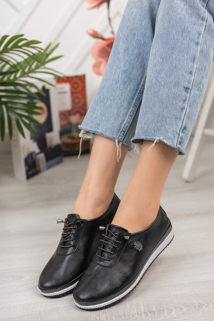 Women's Black Genuine Leather Inside Full Orthopedic Soft Casual Shoes