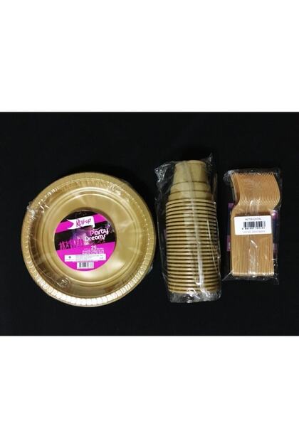 Gold Gold Plate, Cup, Fork Set Plastic for 25 People Tg-869560-1