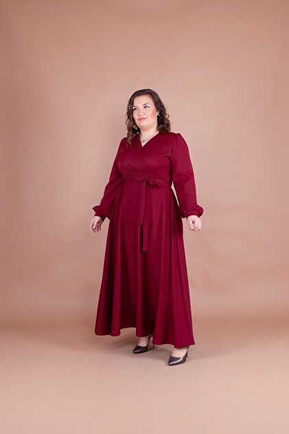 Bidoluelbise Women's Burgundy Plus Size Maxi Length Dress- Trendyol Bidoluelbise Women's Burgundy Plus Size Maxi Length Dress- Trendyol
