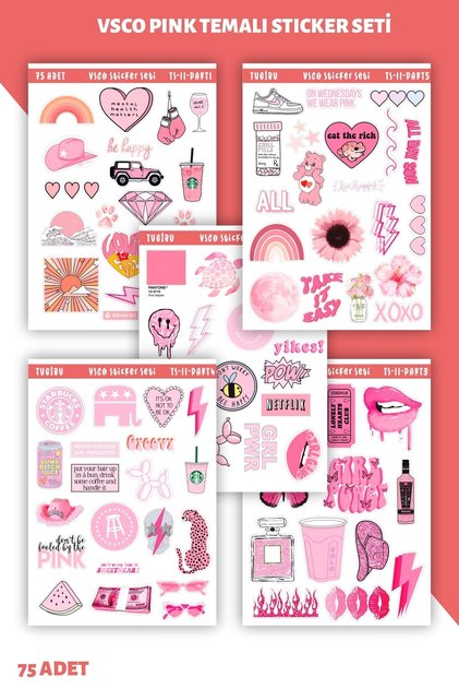 Vsco Pink Laptop Notebook Ajanda Defter Tablet Sticker Etiket Çıkartma Seti - 75 Adet