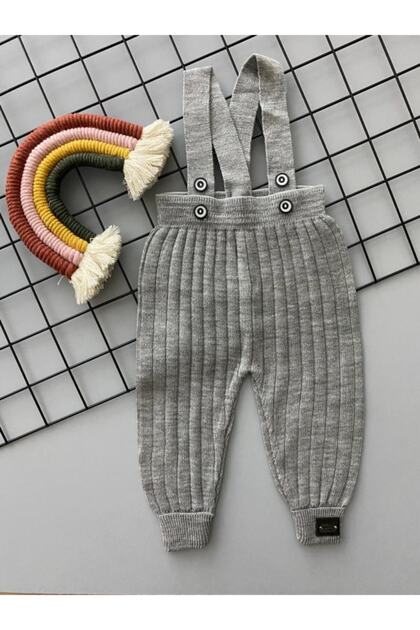 Gray Color Front Buttoned Strap Adjustable Unisex Baby Knitwear Salopet Leggings Trousers