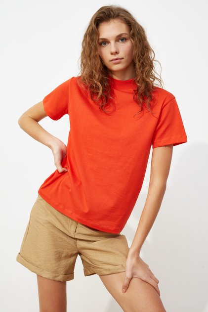 Red 100% Cotton Basic Stand Collar Knitted T-Shirt TWOAW20TS0096