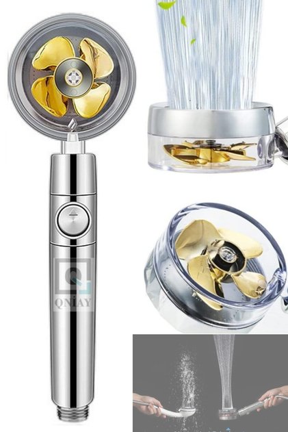 Turbo Shower Head Pressurized Sprinkler with Stop Button Gold Color Propeller Water Saving Shower Bathroom