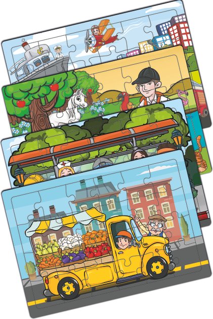 Wooden Puzzle Set of 4 Professions and Vehicles Our Animal Friends Fives with Bags Greengrocer's Pickup)