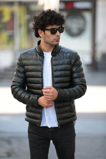 Men's Black Slim Fit Straight Collar Thick Puffer Leather Coat