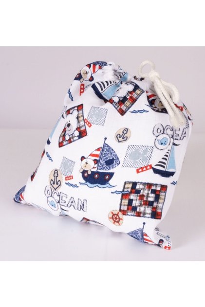 Baby Care Bag Hospital Exit Cotton Muslin Fabric Drawstring Pouch 25x30 Cm Blue Teddy Bear Patterned