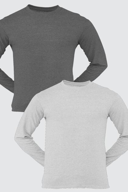 Plain Long Gray, Anthracite Sleeved Men's T-shirt Eco Pack of 2
