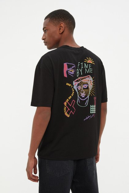 Tricou negru oversize/cu croială largă, cu imprimeu artistic, 100% bumbac TMNSS22TS1601
