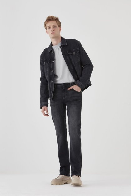 Pantamo Koyu Tonda Eskitilmiş Siyah Klasik Mont Men's Denım Jacket