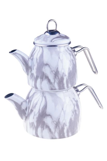 Taşev Kanuni Çaydanlık Takımı - Mermer Desenli Beyaz - 2
