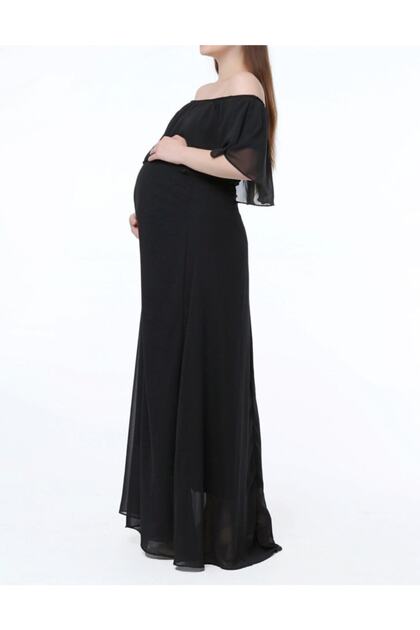 Long Chiffon Carmen Collar Shooting Dress