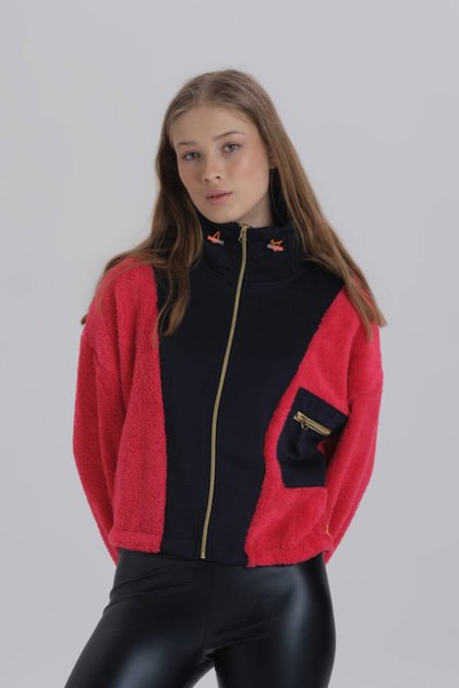 Kırmızı Peluş Mixli Fermuarlı Sweatshirt