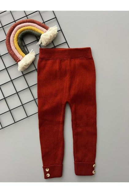 Brick Color High Waist Button Detailed Unisex Knitwear Ribbed Stretchy Tights - Between 3 Months and 6 Years