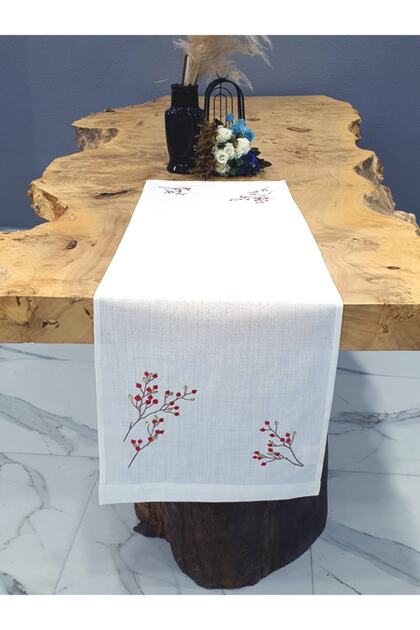 Red Floral Imported Linen Embroidered Placemat, Runner 40x140cm White