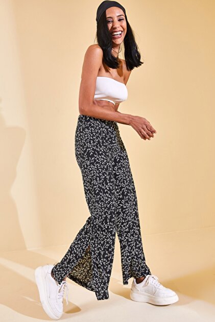 XHAN Kadın Siyah Yırtmaç Detaylı Desenli Salaş Pantolon 2YZK5-12600-02 - 4