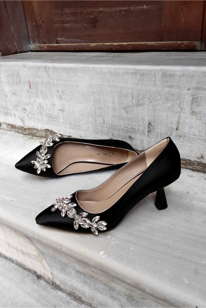 Black Satin 7cm Champagne Heel Stiletto Women's Shoes with Star Accessories