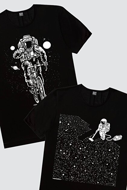 ROCKANDROLL Erkek Siyah Bisikletli Astronot, Siyah Süpürgeli Astrontot 2'li Eko Paket T-shirt - 1