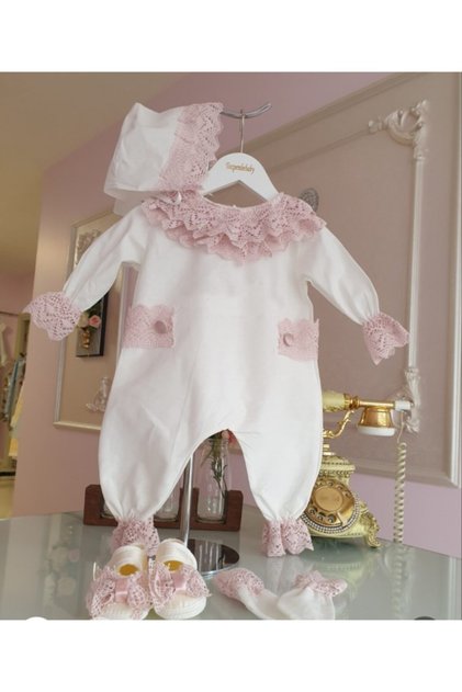 Girl's White Pink Cotton Lace Baby Jumpsuit