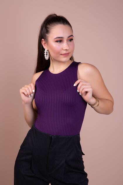 Kadın Mürdüm Çıtçıtlı Örme Body