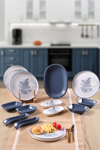 Blue Magic Leaf Patterned 15 Piece Breakfast Set for 6 People
