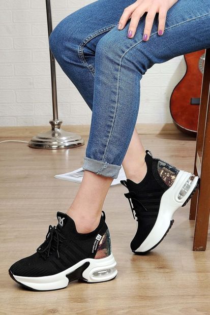 Guja Kadın Siyah Beyaz Pullu Air Kalın Taban Sneaker Spor Ayakkabı Gizli Topuk Fileli Günlük Delikli - 1