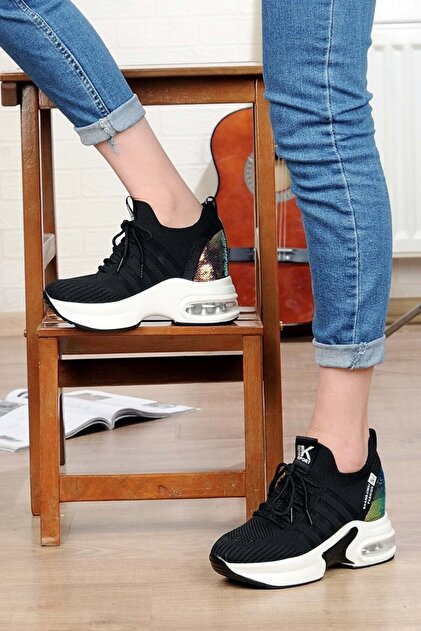Guja Kadın Siyah Beyaz Pullu Air Kalın Taban Sneaker Spor Ayakkabı Gizli Topuk Fileli Günlük Delikli - 2