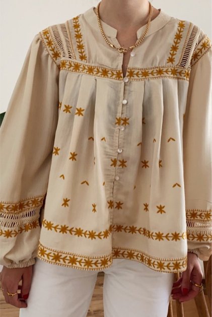 Women's Beige Embroidered Vintage Blouse
