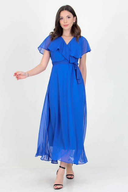 Rochie lungă din șifon cu guler dublu și detaliu de șireturi Nb0001