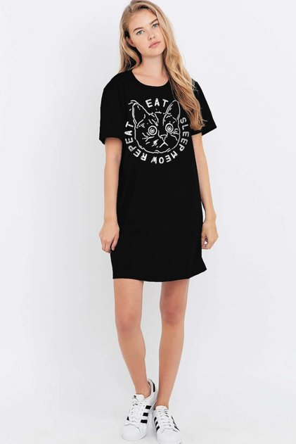 Confused Cat Black Short Sleeve Women's T-shirt Dress