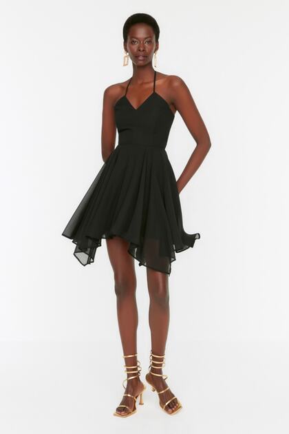 Trendyol Collection Black Strap Woven Chiffon Short Stylish Evening Dress  Night Graduation Dress- Trendyol