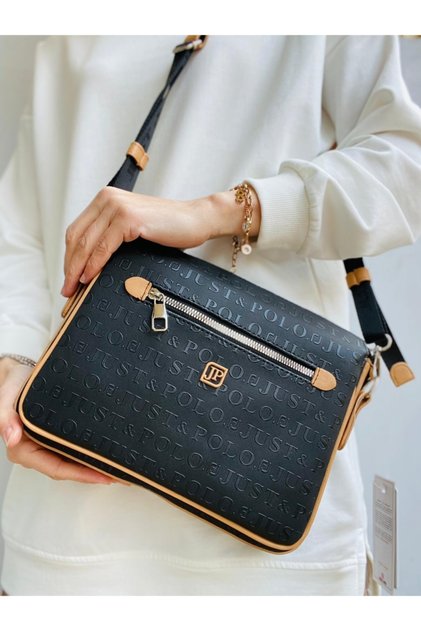 Women's Black Tan 3D Just & Polo Patterned Shoulder and Handbag