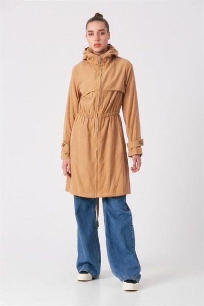 Women's Hooded Zippered Trench Coat Camel