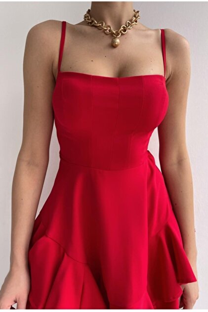 lovebox Red Evening Dress with Adjustable Thin Strap Skirt and Floor Detail  & Red Graduation Dress 102- Trendyol