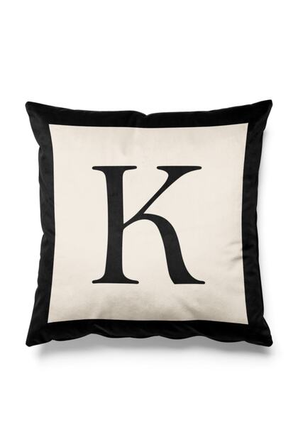 Black and Beige Colored Double Sided Printed Throw Pillow Cover with K Letter Figure