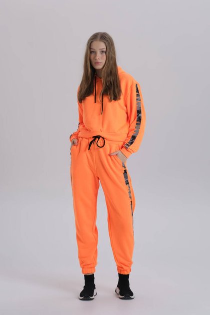 Neon Orange Camouflage Stripe Detailed Oversize Hooded Tracksuit Set