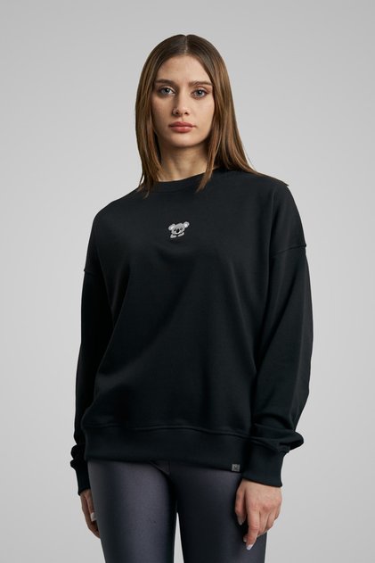 Mbey Minimal Koala Embroidered Wide Cut Black Sweatshirt