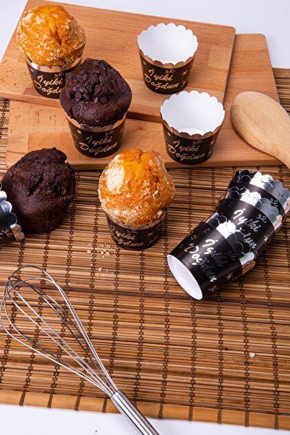 Silver Gilded Black 12-Piece Cake Mold with Happy Birthday Written in the Oven, 6.5x5 Cm Muffin Cupcake