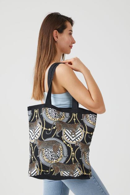 Ays Home Black Chain Patterned Leopard Pattern Cloth Shopping Beach Shoulder Bag