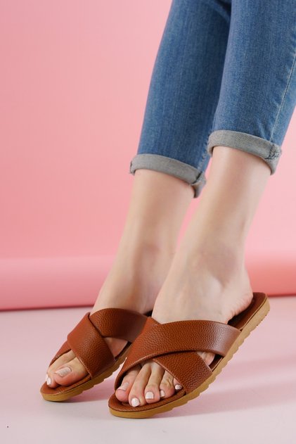 Women's Tan Cross Summer Slippers