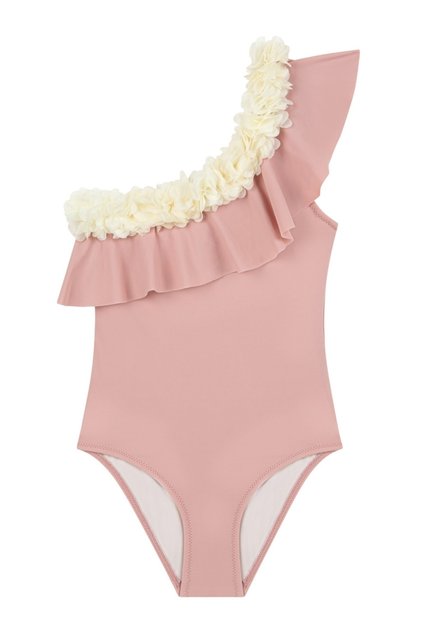 Asymmetrical Chiffon Floral Applique Dried Rose Swimsuit