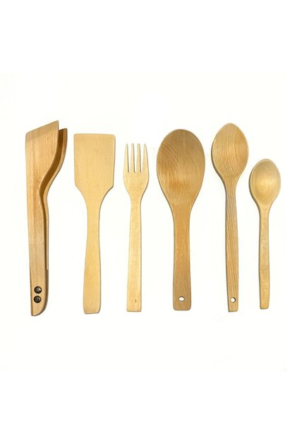 6 Piece Oiled Beech Wooden Spoon Wooden Spatula Tongs Fork Serving Set
