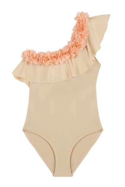 Asymmetrical Chiffon Beige Swimsuit with Floral Applique