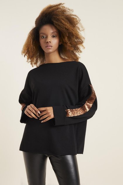 Kadın Siyah Bakır Kol Detay Sweatshirt
