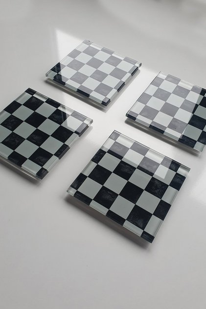 Cam Bardak Altlığı | 4'lü Takım Damalı Desen | 10cm X 10cm