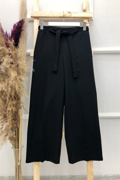 Belted Wide Leg Trousers - Black