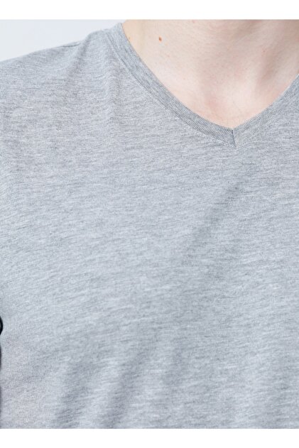 LİMON COMPANY Limon V Yaka Basic Düz Gri Melanj Erkek T-shirt