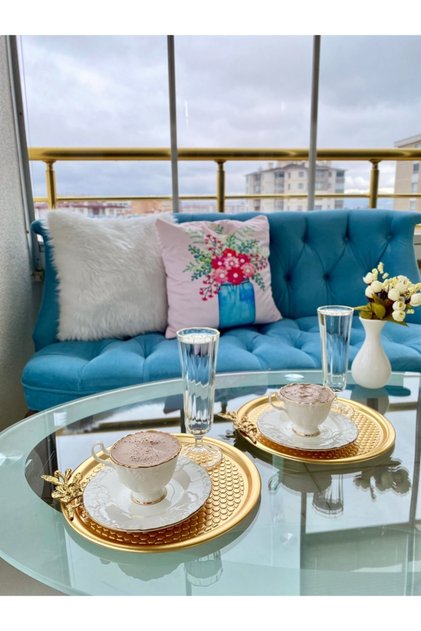 2-Piece Round Patterned Gold Plated Floral Presentation Tray, Decorative Serving Tray Tea Coffee 23 Cm