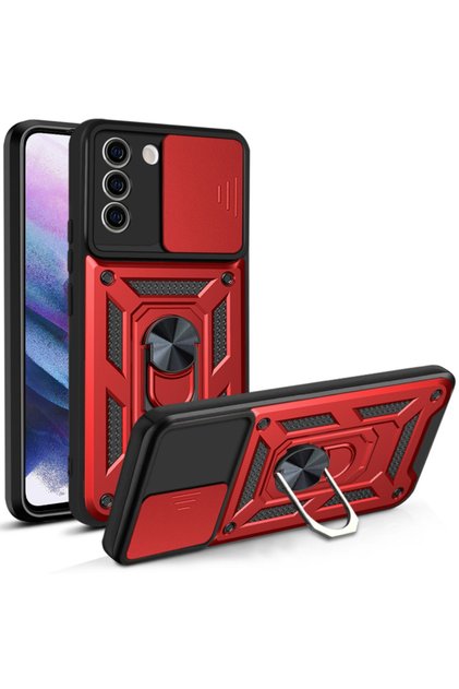 Galaxy M52 Case Camera Protected Sliding Ring Armor Military Tank Armor Red