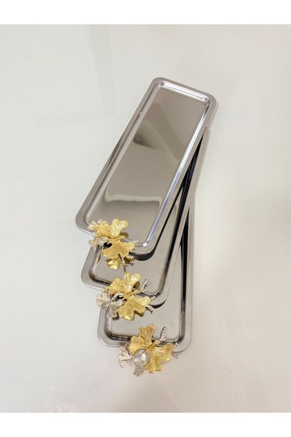 3-Piece Luxury Stainless Steel Butterfly Silver Baton Service, Tea, Coffee, Treats and Presentation Tray 33x13
